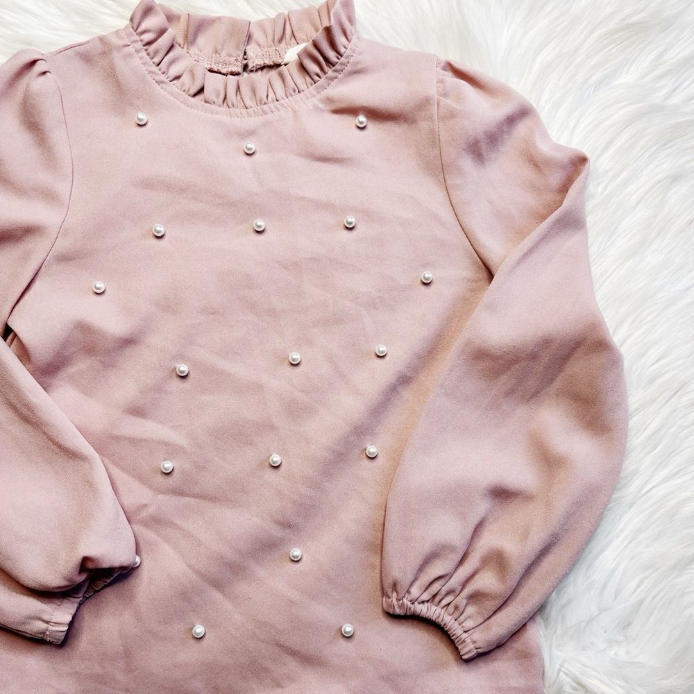 SHEIN Preppy Pearl Puffy Long Sleeve Blouse Pink and White Size 8
